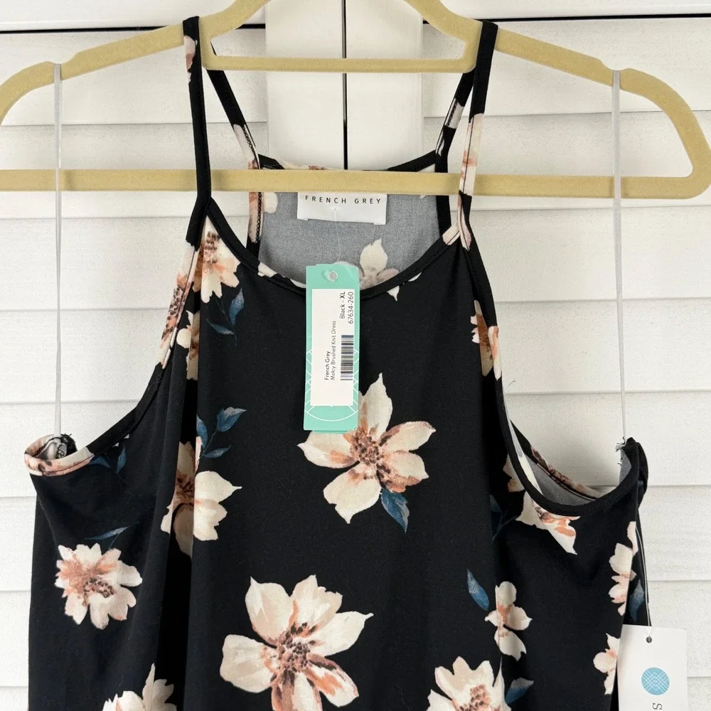 French Grey Melcy Brushed Knit Dress XL Black Floral High Neck NEW